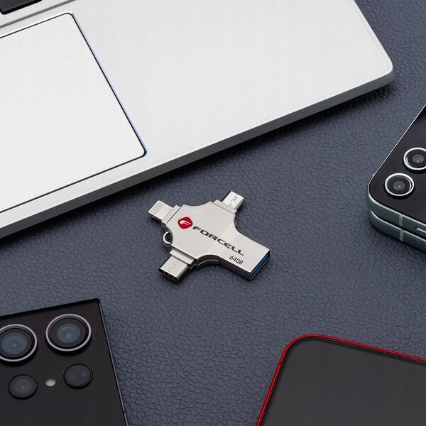Pendrive 16GB USB 3.2 Gen 1 (USB A / USB C / Lightning / Micro USB) Forcell F-Data Metal Quad srebrny