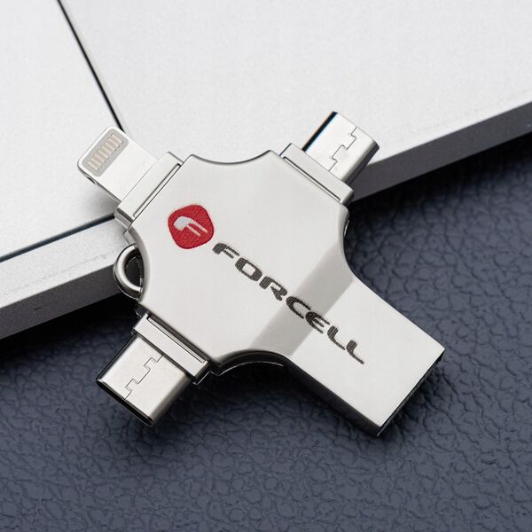 Pendrive 64GB USB 3.2 Gen 1 (USB A / USB C / Lightning / Micro USB) Forcell F-Data Metal Quad srebrny
