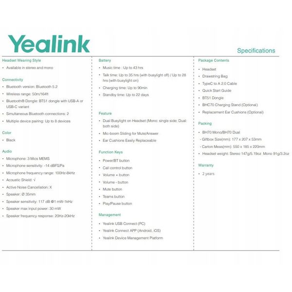 YEALINK BH70 Dual Teams USB-C-A mit Staender