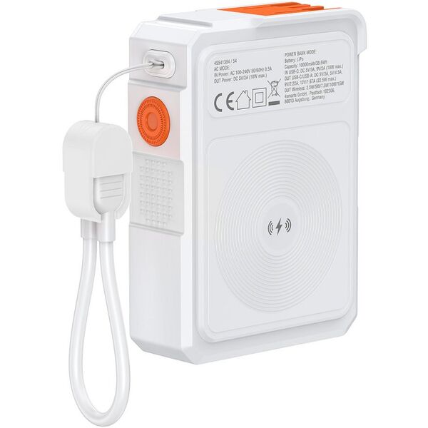 Ładowarka hybrydowa 4smarts 6w1 USB-C/USB-A PD 22.5W z powerbankiem 10 000 mAh, ładowanie indukcyjne Qi, kabel USB-C, biały