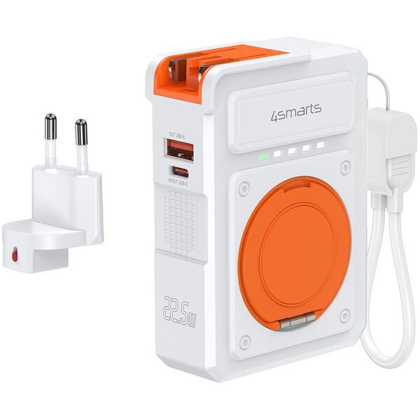 Ładowarka hybrydowa 4smarts 6w1 USB-C/USB-A PD 22.5W z powerbankiem 10 000 mAh, ładowanie indukcyjne Qi, kabel USB-C, biały