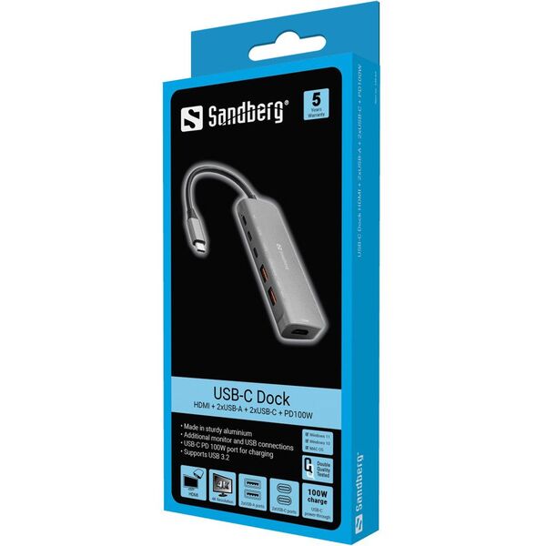 SANDBERG USB-C Dock HDMI + 2xUSB-A + 2xUSB-C + PD100W