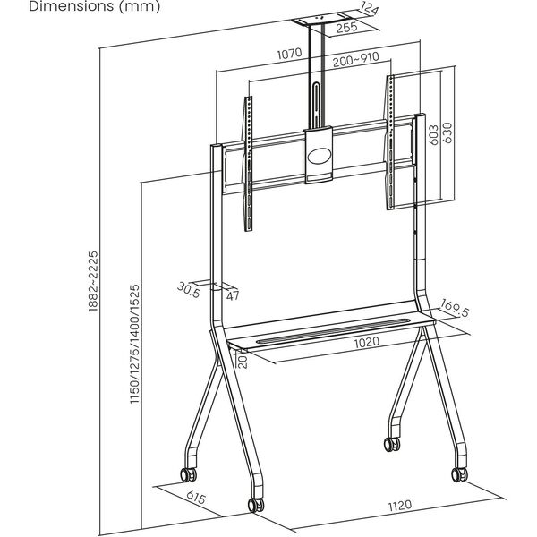 Stand / wózek do TV Maclean, półka na kamerę, na kółkach, 55-100", max. obciążenie 120kg/10kg półka, max. VESA 900x600, biały, M
