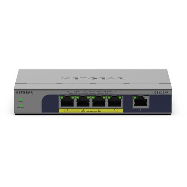 NETGEAR GS105PP - Διακόπτης - μη διαχειριζόμενος - 1 x 10/100/1000 + 4 x 10/100/1000 (PoE+) - Επιτραπέζιος, τοποθετήσιμος σε τοίχο - PoE+ (83 W)