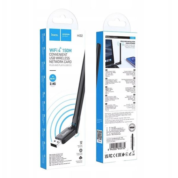Karta sieciowa WiFI4 Hoco na USB A HI32 czarna