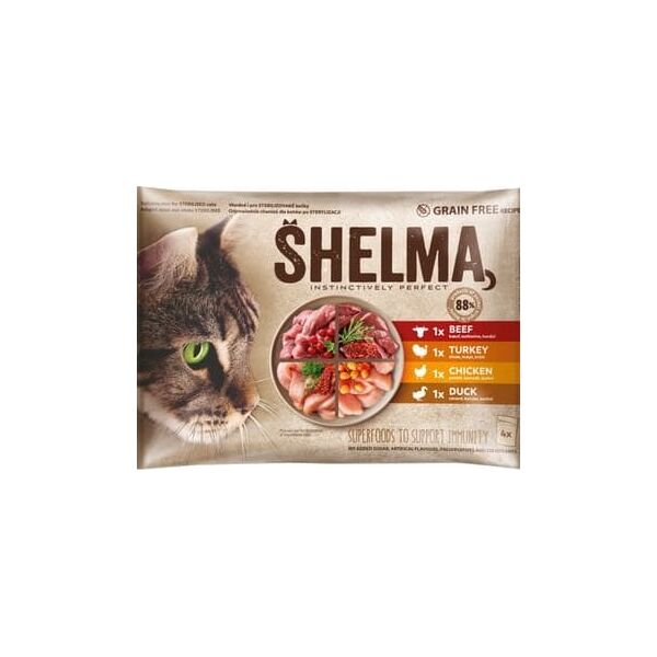 Shelma 4-pack bezzbożowych filecików dla kotów dorosłych. Bogate wołowinę z pomidorami, rozmarynem i tymiankiem w sosie, bogate