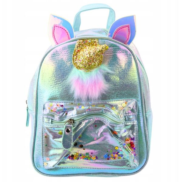 Plecak Dziecięcy Z Rogiem Jednorożca Ruchome Konfetti Niebieski 25cm 4,5L
