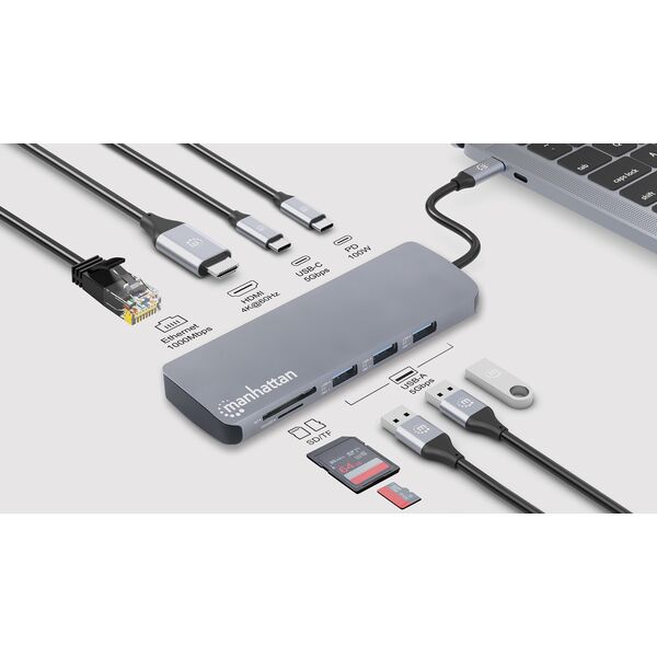 Manhattan 190459 stacja dokująca Przewodowa USB 3.2 Gen 1 (3.1 Gen 1) Type-C Szary