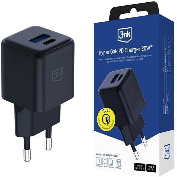 Ładowarka sieciowa 3MK Hyper GaN Charger 20W 1xUSB-A 1XUSB-C PD QC4+ czarny