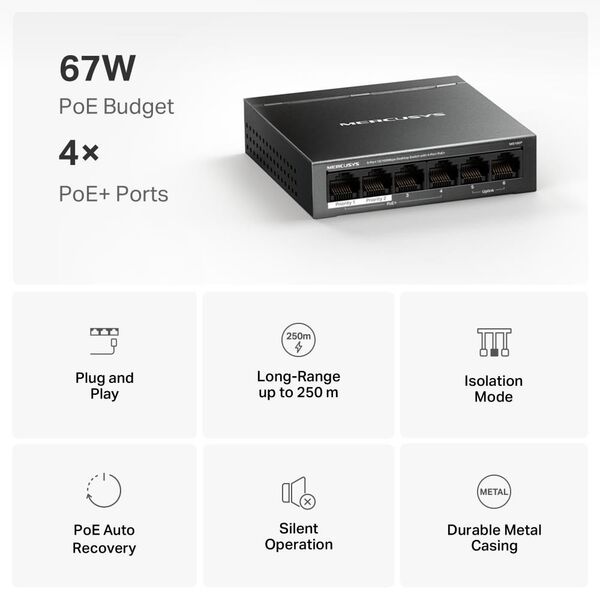 MERCUSYS switch MS106P (6x100Mb/s,4xPoE+,67W,fanless)