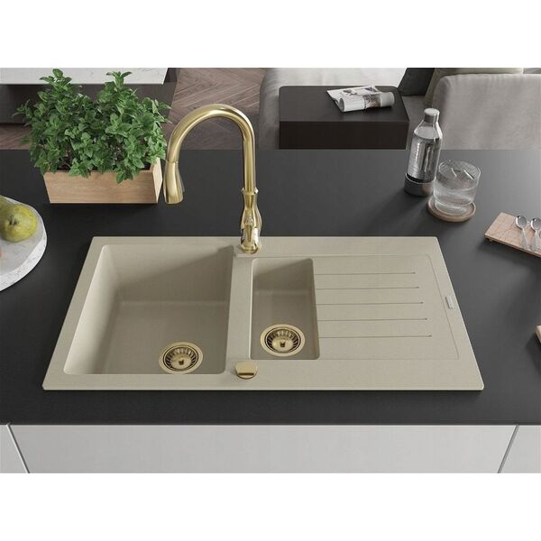 Granitinė virtuvinė plautuvė Mexen Matias su maišytuvu ir sifonu, Beige/Gold