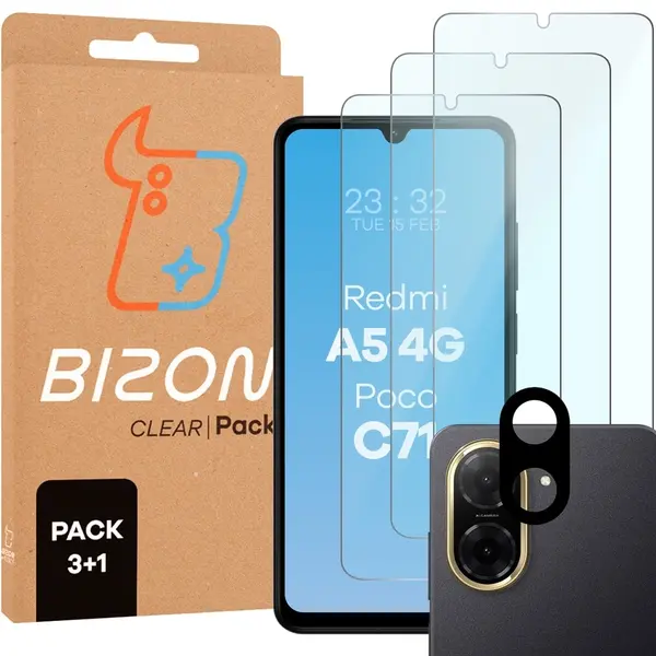 3x szkło na ekran+ szkło na aparat Bizon Glass Clear 2 Pack do Xiaomi Redmi A5 4G / POCO C71 4G