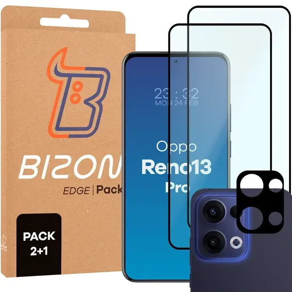 2x szkło na ekran + 1x szkło na aparat Bizon Edge 2 Pack do Oppo Reno13