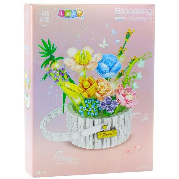 Klocki Konstrukcyjne Kompozycja Kwiatowa W Koszyku Światła LED 1376 el. LEAN Toys