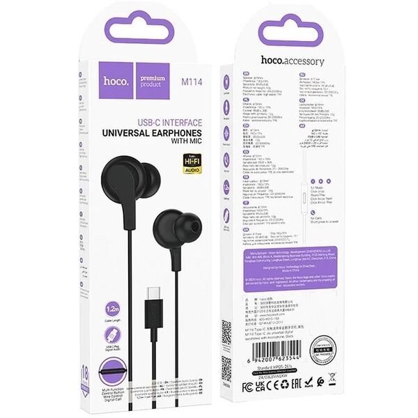 Słuchawki przewodowe douszne USB C Hoco M114 czarne