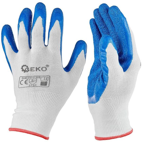 Rękawice ochronne poliestrowe r. 7 /latex biało-niebieskie/ (12/240)