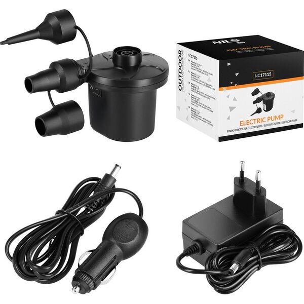Pompka elektryczna turystyczna do materaca + przejściówki 230-12V Nils Camp NC17115 czarna