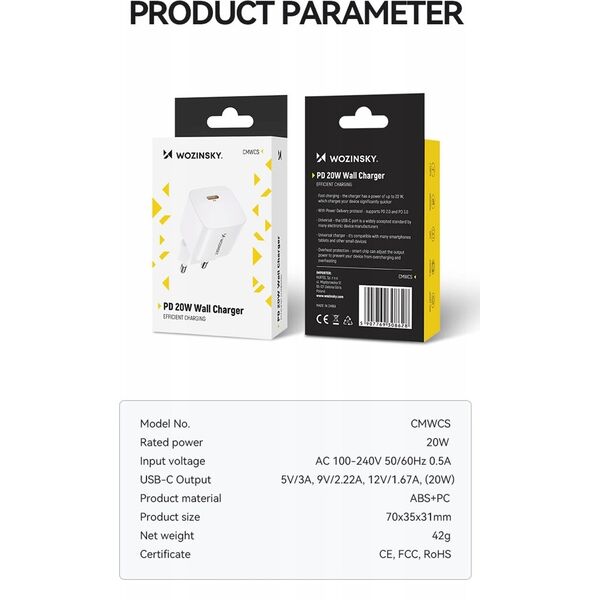 Ładowarka Wozinsky Ładowarka sieciowa Wozinsky CMWCS USB-C PD 20W - biała