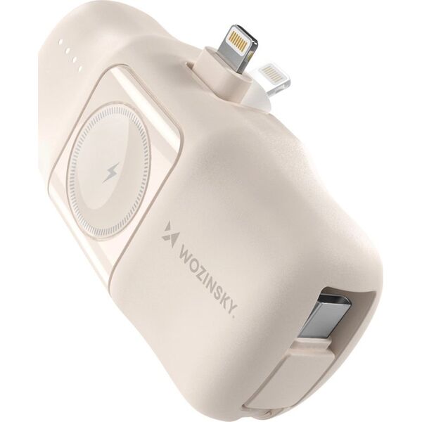 Mini powerbank Wozinsky WF16-YLS 5000mAh 15W Lightning z wbudowanym kablem USB-C i ładowarką do Apple Watch - beżowy