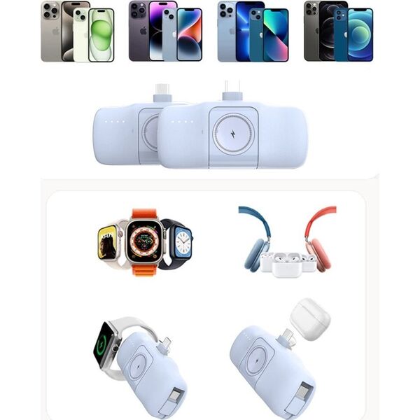 Mini powerbank Wozinsky WF16-YLS 5000mAh 15W Lightning z wbudowanym kablem USB-C i ładowarką do Apple Watch - niebieski