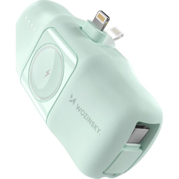 Mini powerbank Wozinsky WF16-YLS 5000mAh 15W Lightning z wbudowanym kablem USB-C i ładowarką do Apple Watch - zielony