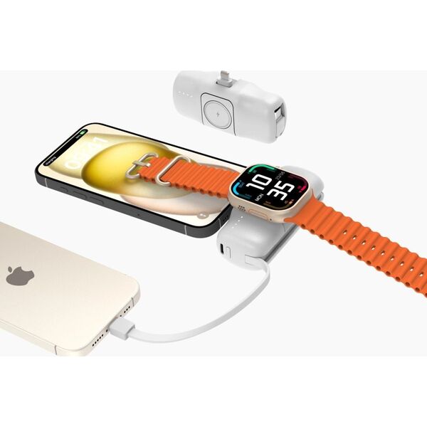 Mini powerbank Wozinsky WF16-YLS 5000mAh 15W Lightning z wbudowanym kablem USB-C i ładowarką do Apple Watch - biały