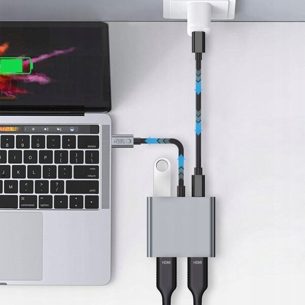 Adapter Tech-Protect HB08 HUB 4in1 USB-C, USB-A 2.0, 2xHDMI 4K 60Hz Space Grey