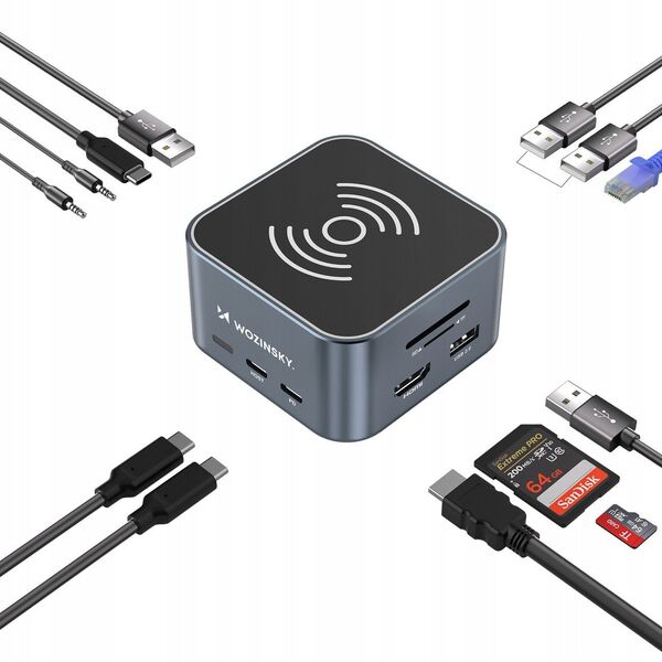 Hub USB-C 12 w 1 Wozinsky WHBC09Y8S wielofunkcyjny,z funkcją ładowania bezprzewodowego, aluminiowy, z kablem 15 cm - szary