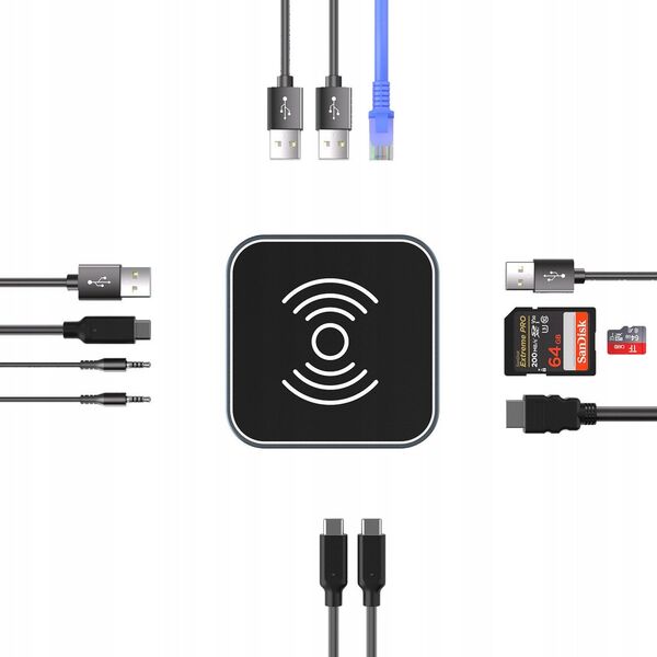 Hub USB-C 12 w 1 Wozinsky WHBC09Y8S wielofunkcyjny,z funkcją ładowania bezprzewodowego, aluminiowy, z kablem 15 cm - szary