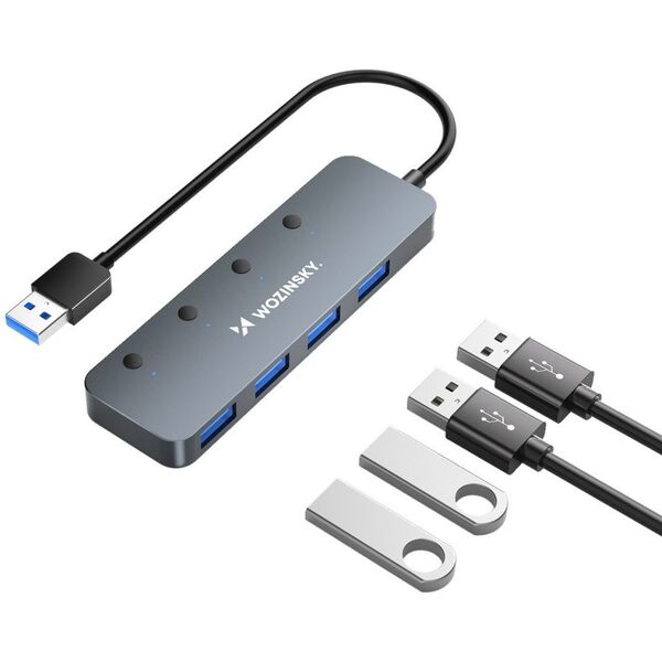 Hub rozdzielacz 4x USB-A z włącznikami aluminiowy - szary WOZINSKY