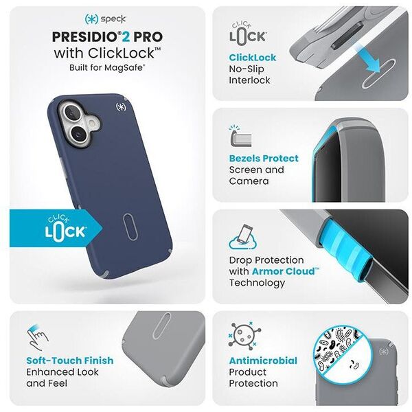 Speck Speck Presidio2 Pro ClickLock & MagSafe - Etui iPhone 16 (Coastal Blue / Dust Grey / White)