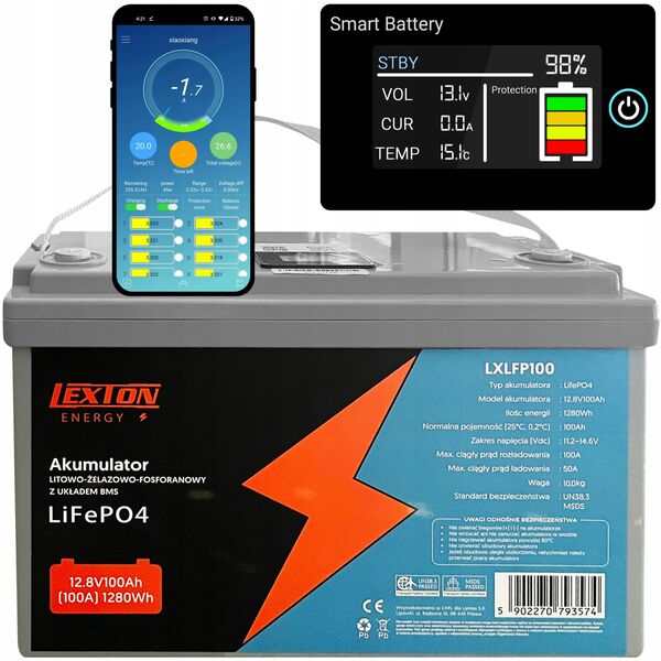 AKUMULATOR LITOWO-ŻELAZOWO-FOSFORANOWY BMS LiFePO4  LCD/Bluetooth 12.8V 70Ah