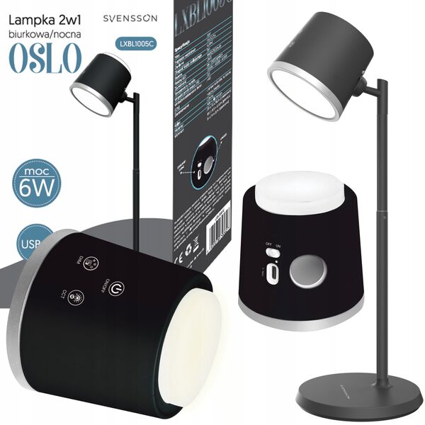 Lampka SVENSSON Light 2w1 biurkowa/nocna (odpinana mag.) - model Oslo 6W, USB-C czarna