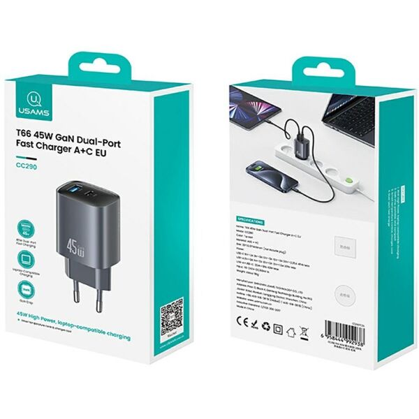 Ładowarka sieciowa USAMS CC290 T66 45W   GaN 1xUSB-A 1xUSB-C tarnish