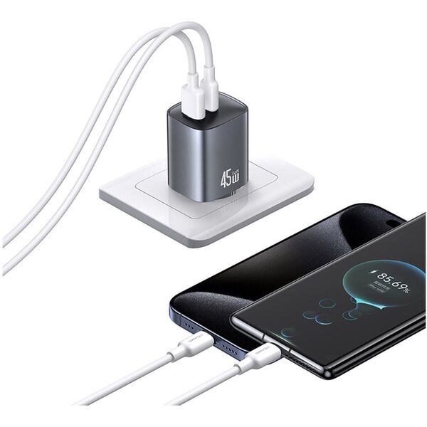 Ładowarka sieciowa USAMS CC290 T66 45W   GaN 1xUSB-A 1xUSB-C srebrny