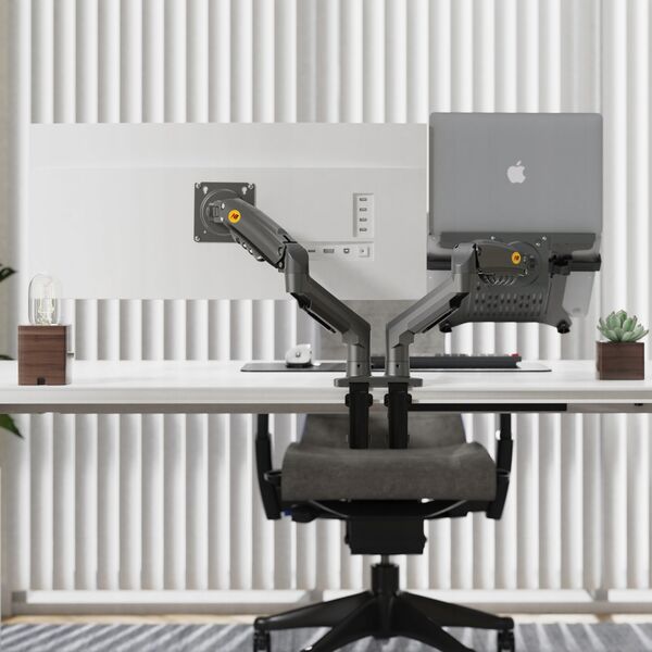 F160-FP Podwójny Ergonomiczny uchwyt biurkowy do laptopa i monitora Regulacja 3D
