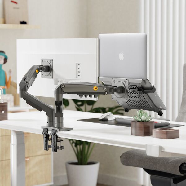 F160-FP Podwójny Ergonomiczny uchwyt biurkowy do laptopa i monitora Regulacja 3D