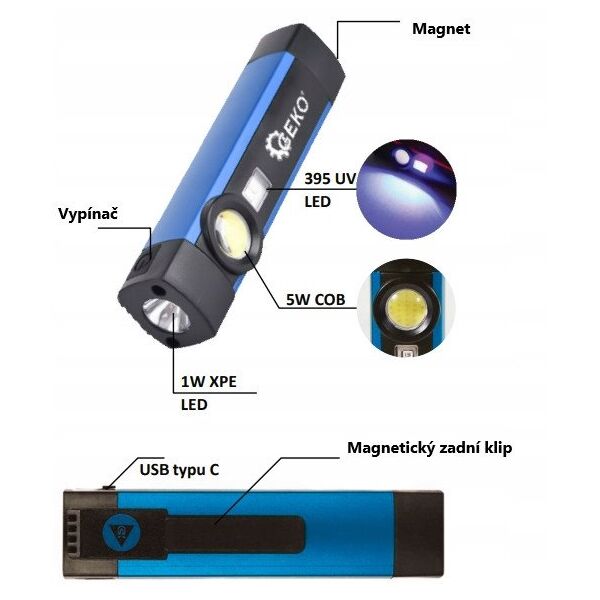 Latarka wielofunkcyjna z magnesem + UV LED COB 5W 2000mAh 300lm IP54 – kartonik wystawowy (12/96)