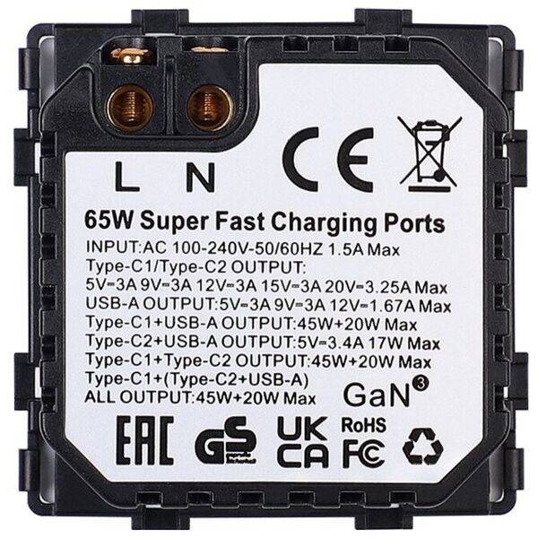 Γρήγορη φόρτιση πρίζα Feelspot με θύρες USB+C+C, 65W, μαύρη