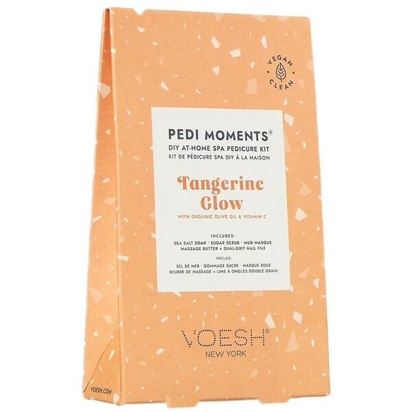 VOESH_SET Pedi Moments Tangerine Glow zestaw do pedicure sól morska do namaczania + peeling cukrowy + maska błotna + masło do masażu + pilnik do paznokci
