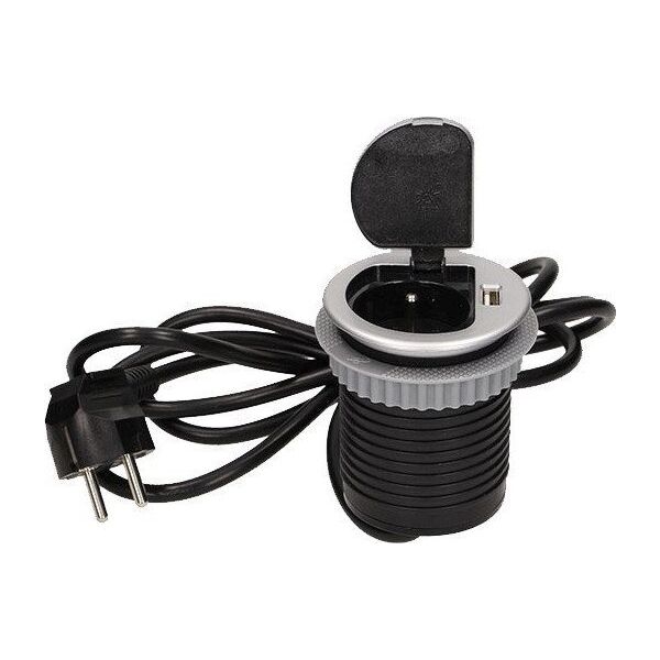 Orno Gniazdo meblowe ?6cm wpuszczane w blat z pokrywką, ładowarką USB i przewodem 1,8m, 1x2P+Z, 1xUSB, wersja schuko