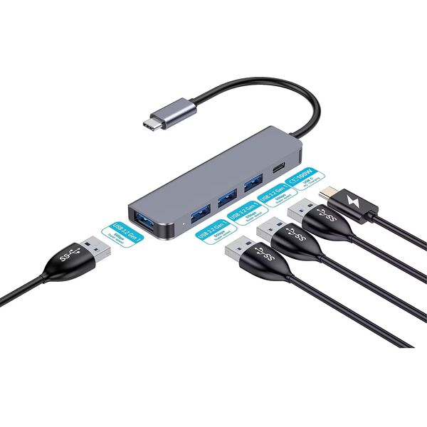 PLATINET MEDIA HUB USB-C TO 4X USB-A 3.2 GEN1 + 1X USB-C PD 100W 5IN1 ALUMINIUM [46235]