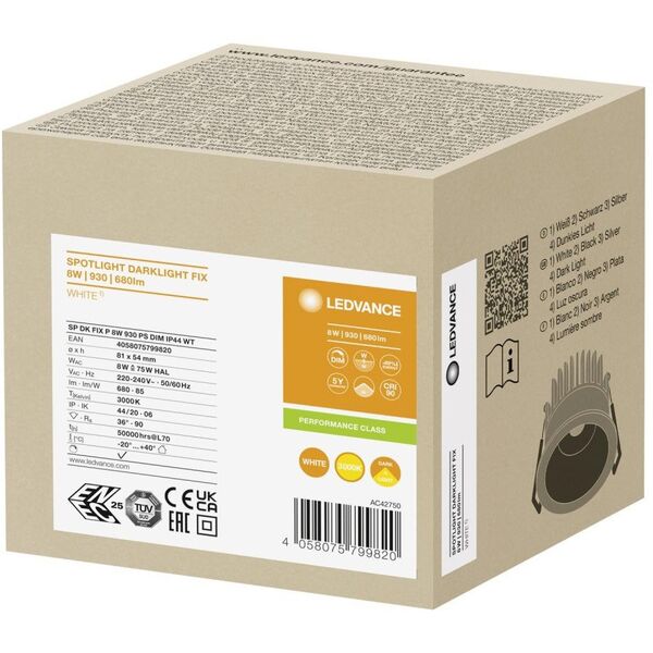 LEDVANCE Spot Darklight Power Select DIM IP44 680lm 8W/930 λευκό UGR19 36°