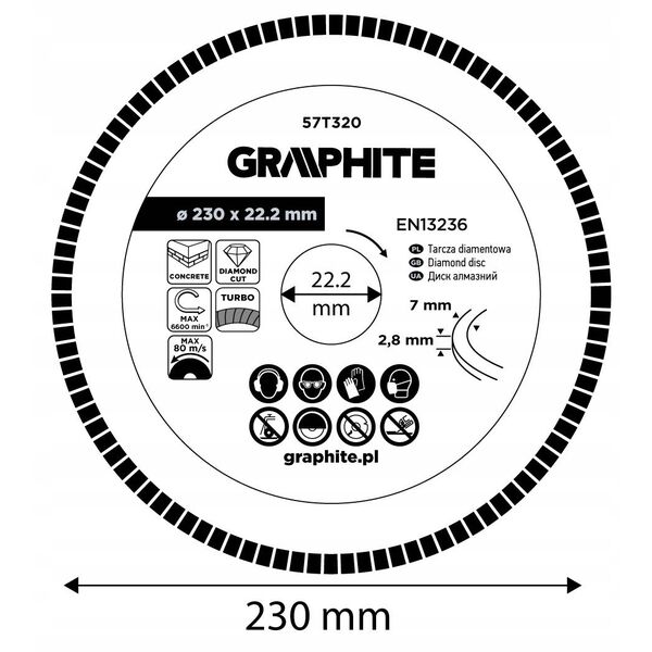 Diamond cutting disc GRAPHITE, 230 x 2.8 x 22.2 mm, for concrete, dry cutting