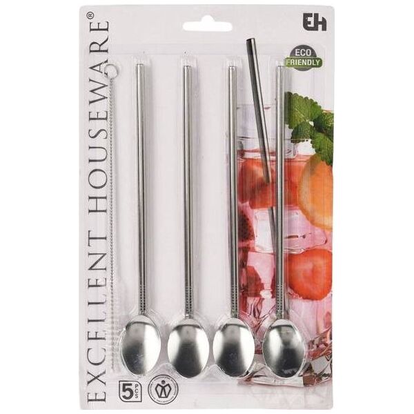 Excellent Houseware Słomki stalowe do napojów łyżeczki deserowe do picia kawy latte mrożonej drinków 2w1 + czyścik 4 sztuki zestaw komplet słomek łyżeczek