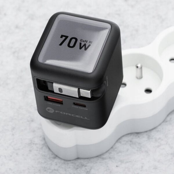 Φορτιστής τοίχου για τηλέφωνο Forcell F-Energy GaN USB C + USB A + αναδιπλούμενο καλώδιο USB C PD QC4.0 3A 70W VT-R7 γκρι