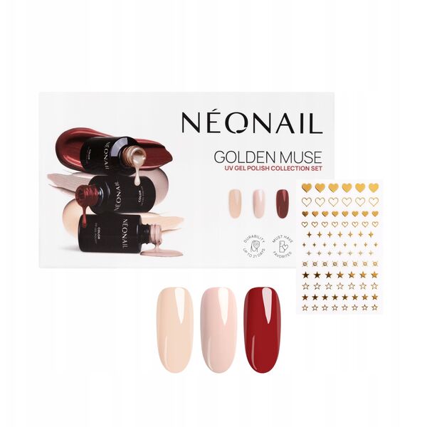 NEONAIL_SET Golden Muse Blushing Red lakier hybrydowy 3ml + Sunset Nude lakier hybrydowy 3ml + Blush Flush lakier hybrydowy 3ml + Metallic Gold naklejki do paznokci 1szt