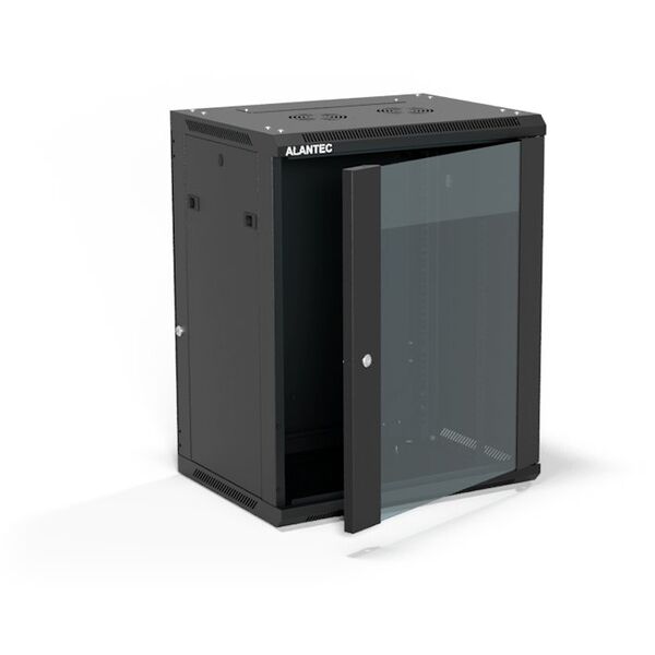 Szafa wisząca 19" 15U 600x450, drzwi szklane jednoskrzydłowe, tył osłona pełna demontowalna, osłony boczne pełne demontowalne zamykane na klucz, 4 belki, kolor czarny, do samodzielnego montażu - Flat Pack, ALANTEC