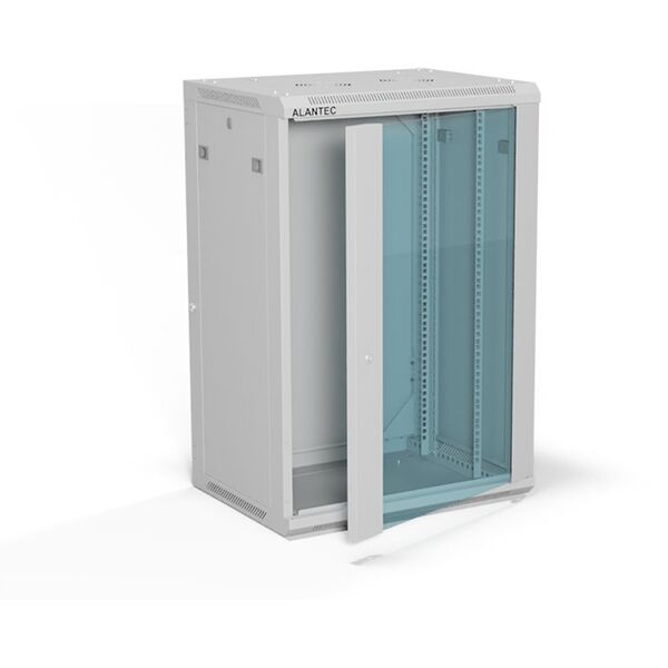 Szafa wisząca 19" 18U 600x450, drzwi szklane jednoskrzydłowe, tył osłona pełna demontowalna, osłony boczne pełne demontowalne zamykane na klucz, 4 belki, kolor szary, ALANTEC