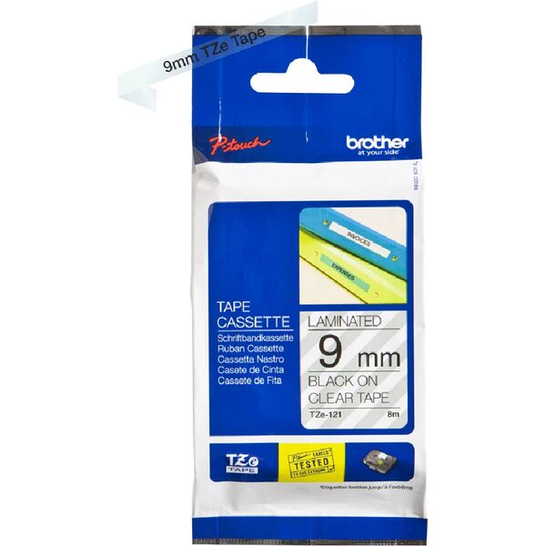 Brother Brother | TZe-121 Laminated Tape | Juodas on Clear | TZe | 8 m | 9 cm